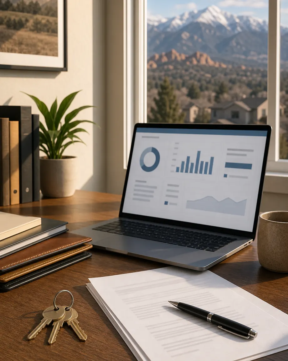 Rental owner planning desk with keys, lease papers, and a Colorado mountain view