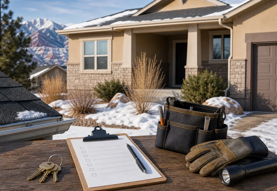 Colorado rental home exterior with winter maintenance checklist, keys, and repair notes