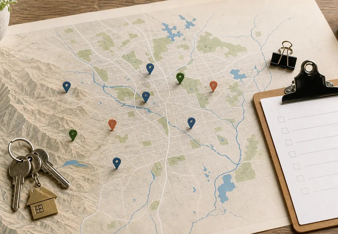 Colorado Springs rental planning map with keys, neighborhood notes, and owner paperwork