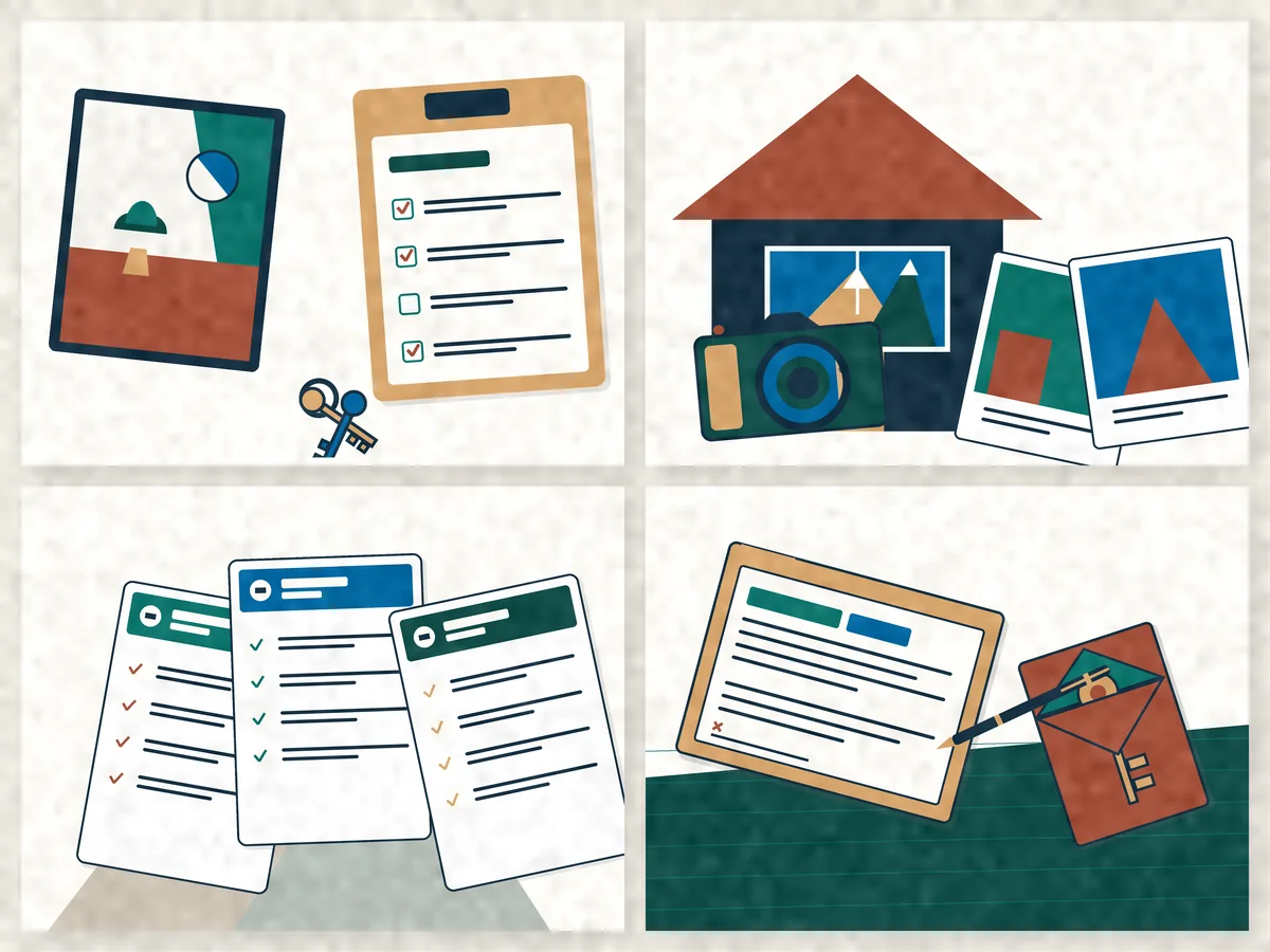 Four-panel tenant placement sequence for rent readiness, listing photos, screening criteria, and move-in handoff